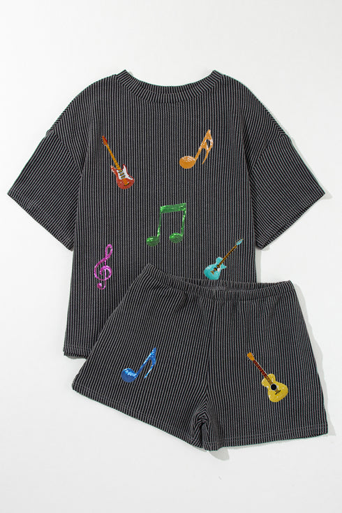 Twisted Ribbed Guitar Patch Crop and Shorts Lounge Set